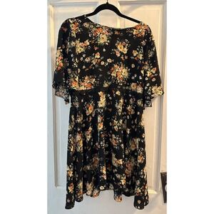 Uncle Frank Black Floral Empire Waist Mini Dress Crochet Lace Trim 74292 Small